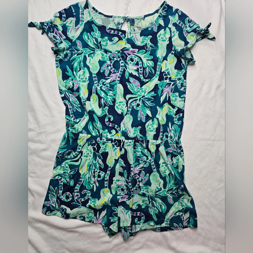 Lilly Pulitzer Floral Lemur Tropical Print Teal One Piece Romper Size XL 12/14